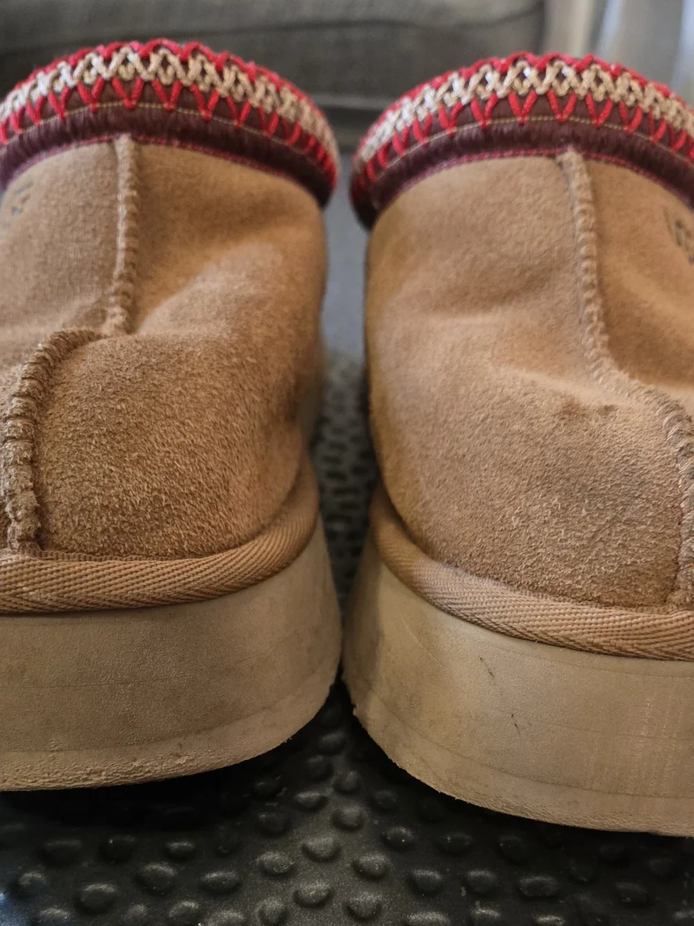 UGG Chestnut Suede Slip-On Moccasin with Red & Cream Trim